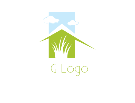 home inside a landscaping logo with grass and clouds