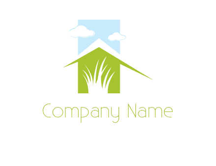 home inside a landscaping logo with grass and clouds