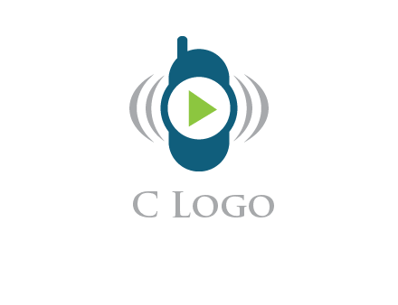 play button inside cell phone with communication signals logo