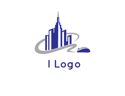 swoosh around the buildings with mouse logo