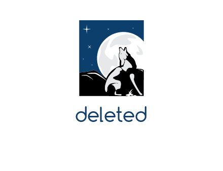 wolf on a cliff in front of a moon in a dark night logo