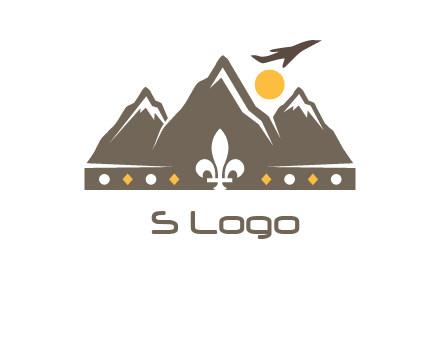 crown made of mountains with flying airplane logo