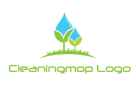 water drop merge with plant over grass logo