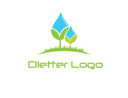 water drop merge with plant over grass logo