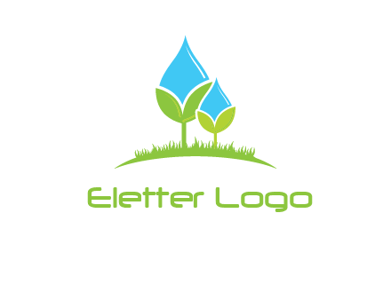 water drop merge with plant over grass logo