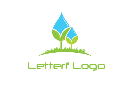 water drop merge with plant over grass logo