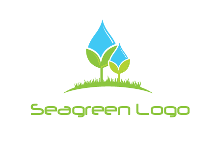 water drop merge with plant over grass logo