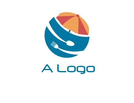 beach umbrella, fork and spoon in a circle logo