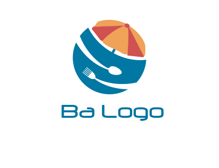 beach umbrella, fork and spoon in a circle logo