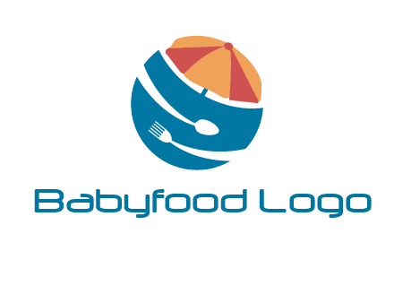 beach umbrella, fork and spoon in a circle logo