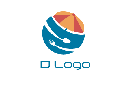 beach umbrella, fork and spoon in a circle logo