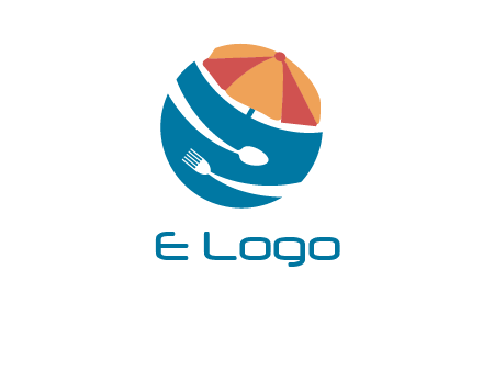 beach umbrella, fork and spoon in a circle logo