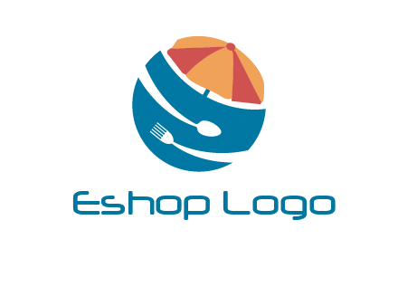 beach umbrella, fork and spoon in a circle logo