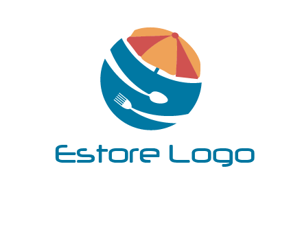 beach umbrella, fork and spoon in a circle logo