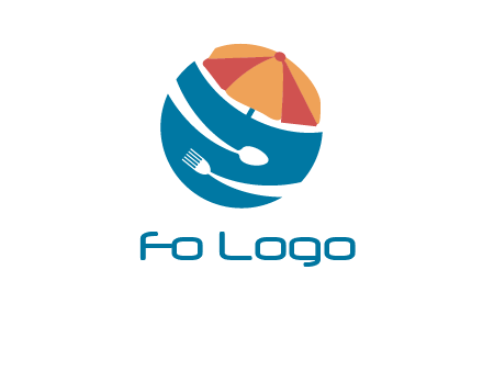 beach umbrella, fork and spoon in a circle logo