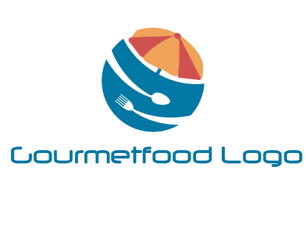 beach umbrella, fork and spoon in a circle logo