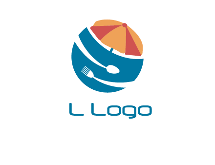 beach umbrella, fork and spoon in a circle logo