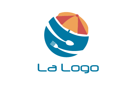 beach umbrella, fork and spoon in a circle logo