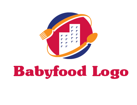 fork spoon and building in circle logo