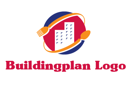 fork spoon and building in circle logo