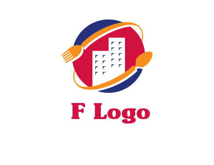 fork spoon and building in circle logo