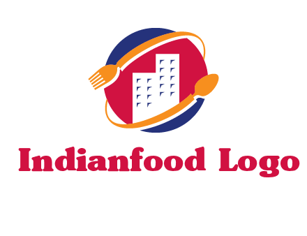 fork spoon and building in circle logo