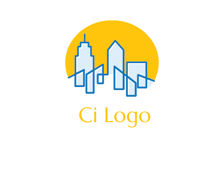 city buildings with sun behind logo