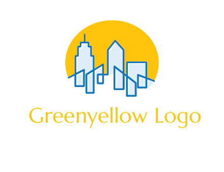 city buildings with sun behind logo