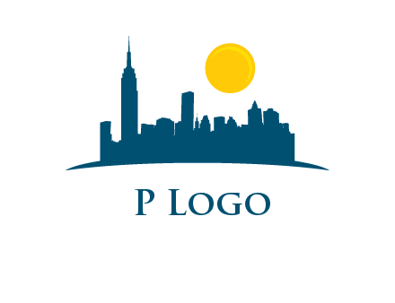 city skyline with sun logo